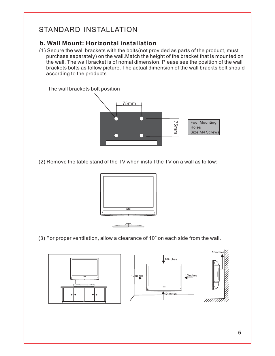 Standard installation, B. wall mount: horizontal installation | Curtis RLCVD1924 User Manual | Page 6 / 28