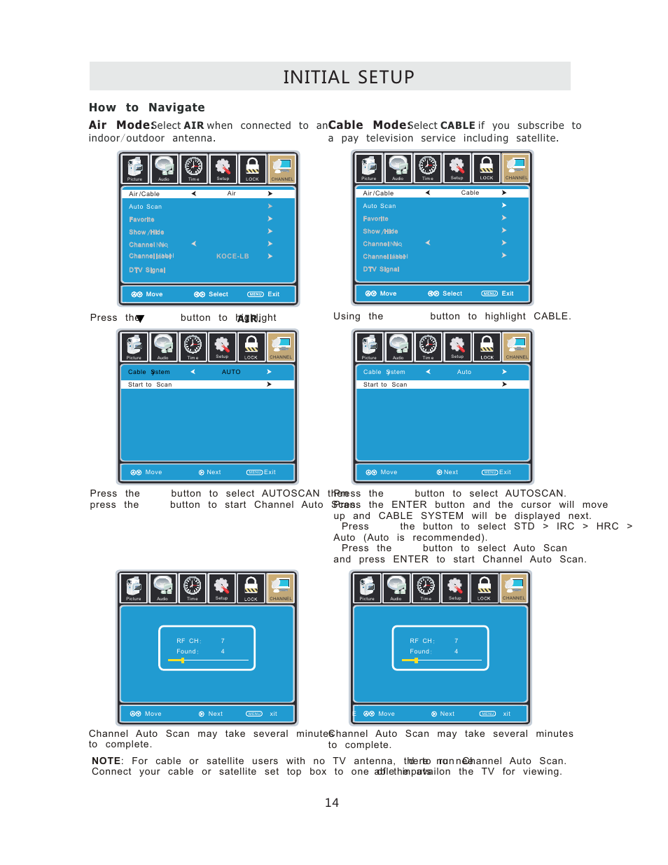 Initial setup, Air mode, Cable mode | How to navigate | Curtis RLCVD3223A User Manual | Page 17 / 45
