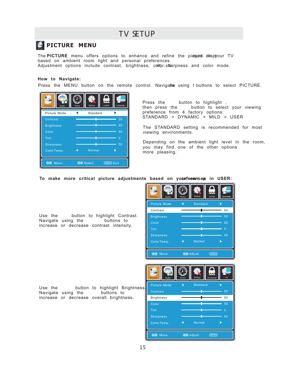 Tv setup, Picture menu | Curtis RLCVD3223A User Manual | Page 18 / 45
