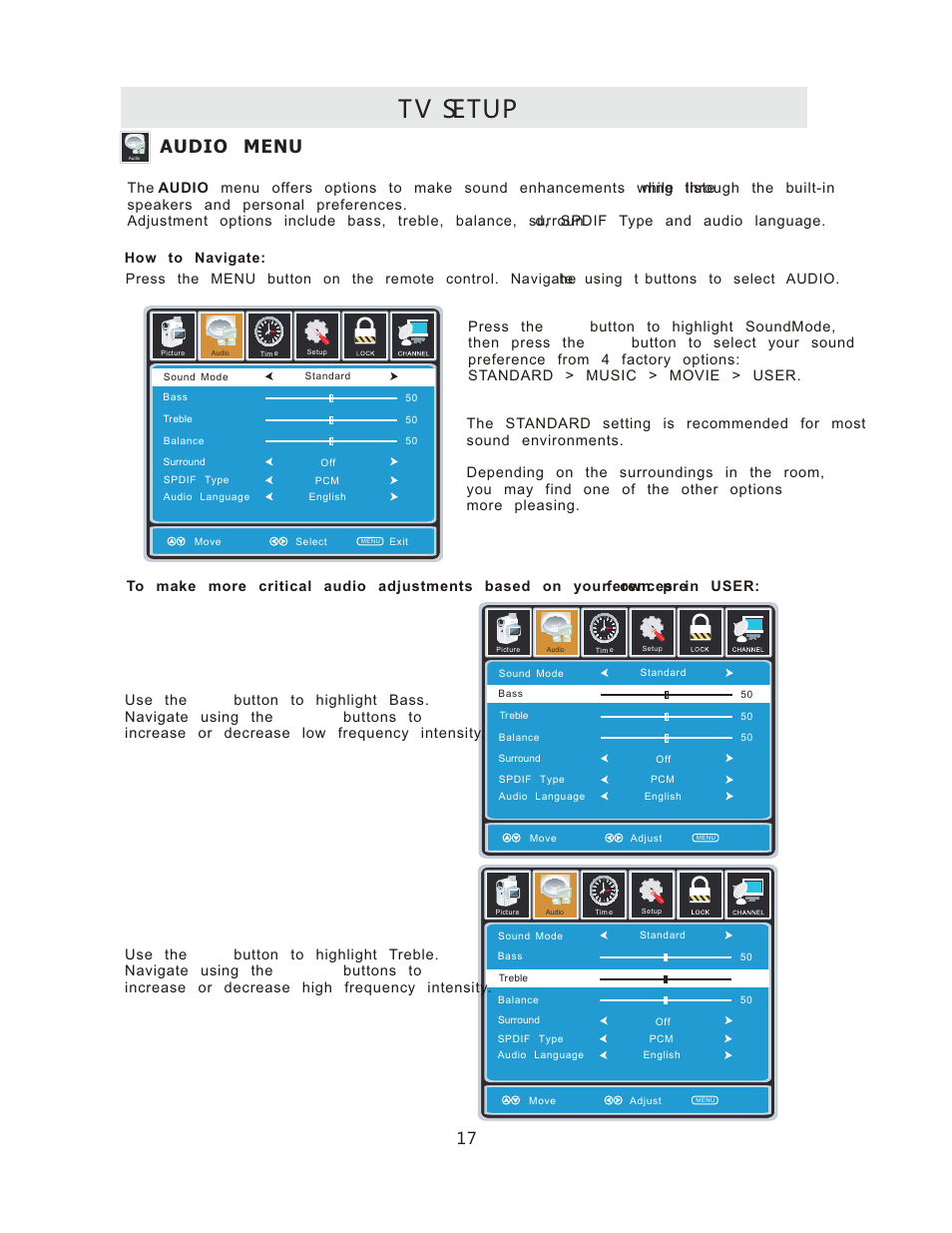 Tv setup, Audio menu | Curtis RLCVD3223A User Manual | Page 20 / 45