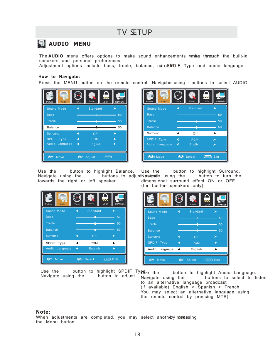 Tv setup, Audio menu | Curtis RLCVD3223A User Manual | Page 21 / 45