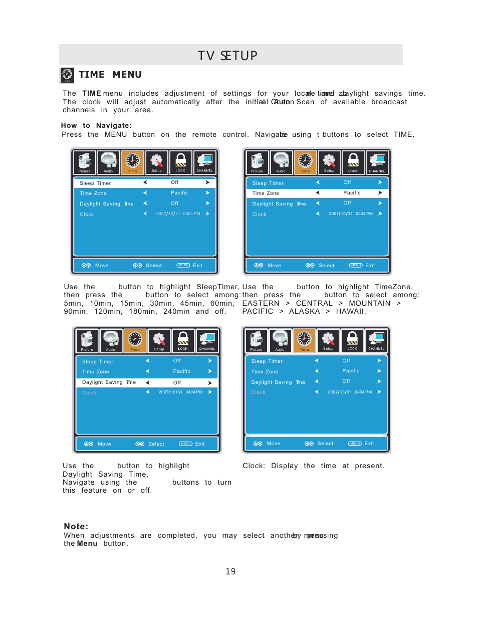 Tv setup, Time menu | Curtis RLCVD3223A User Manual | Page 22 / 45