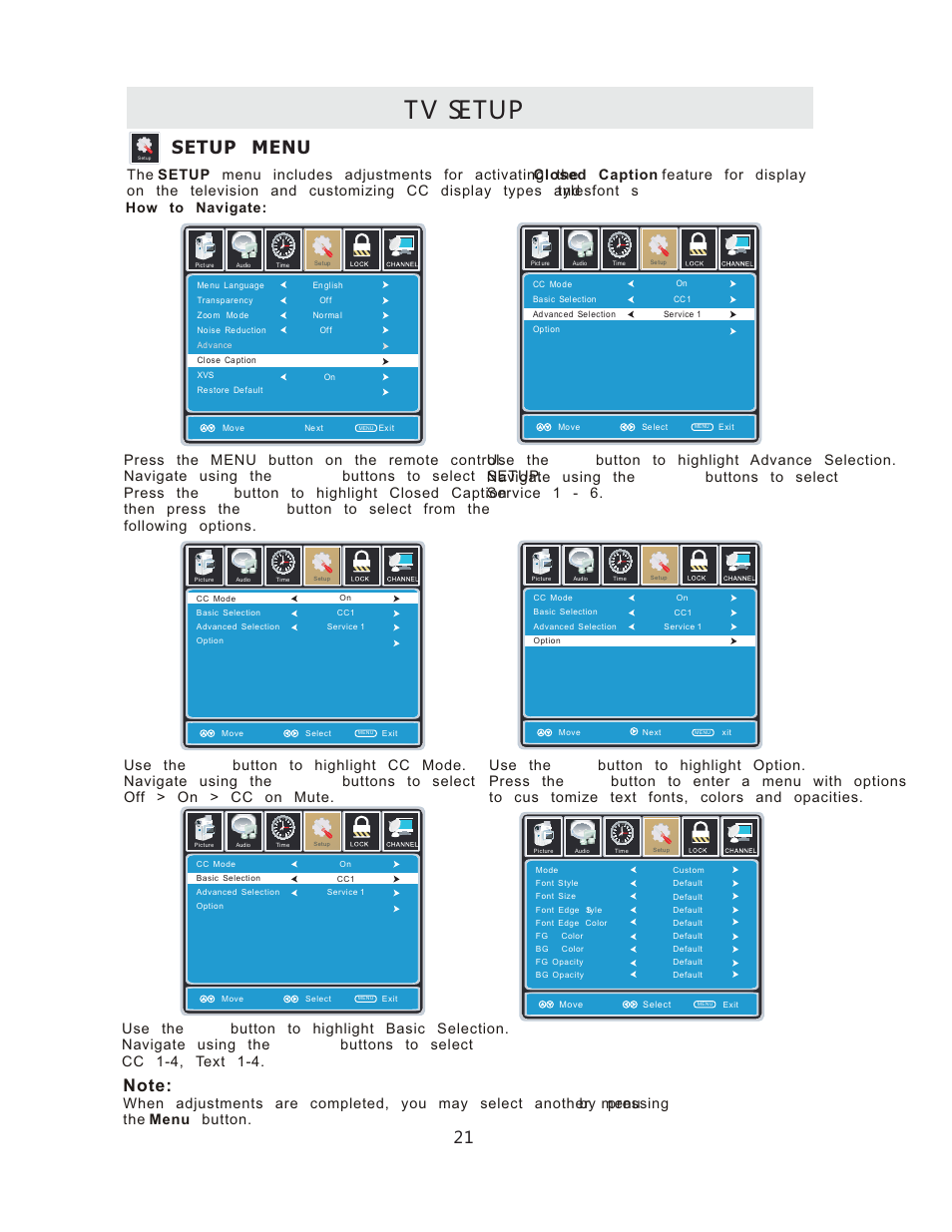 Tv setup, Setup menu | Curtis RLCVD3223A User Manual | Page 24 / 45