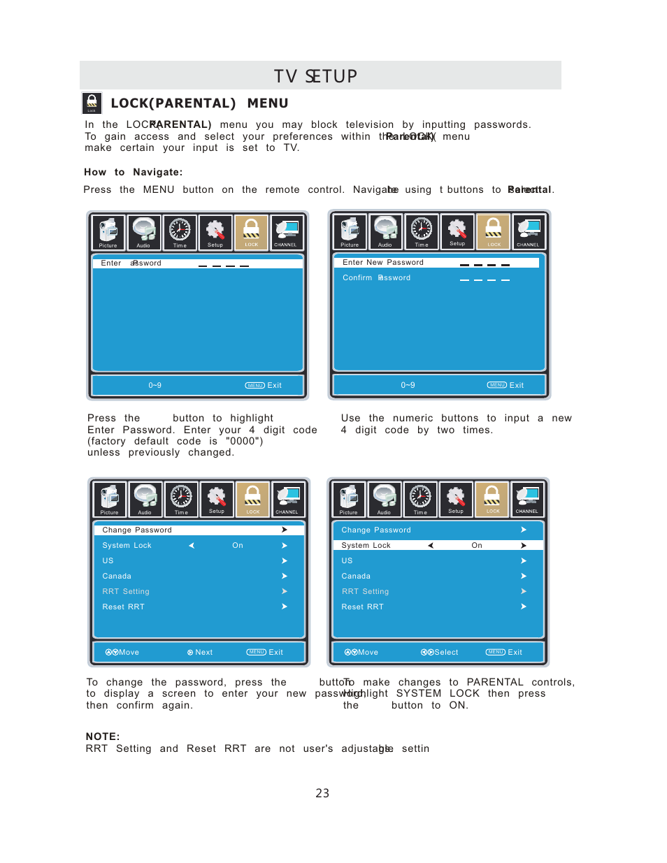 Tv setup, Lock(parental) menu | Curtis RLCVD3223A User Manual | Page 26 / 45