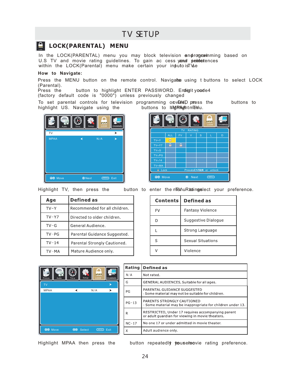 Tv setup, Lock(parental) menu | Curtis RLCVD3223A User Manual | Page 27 / 45