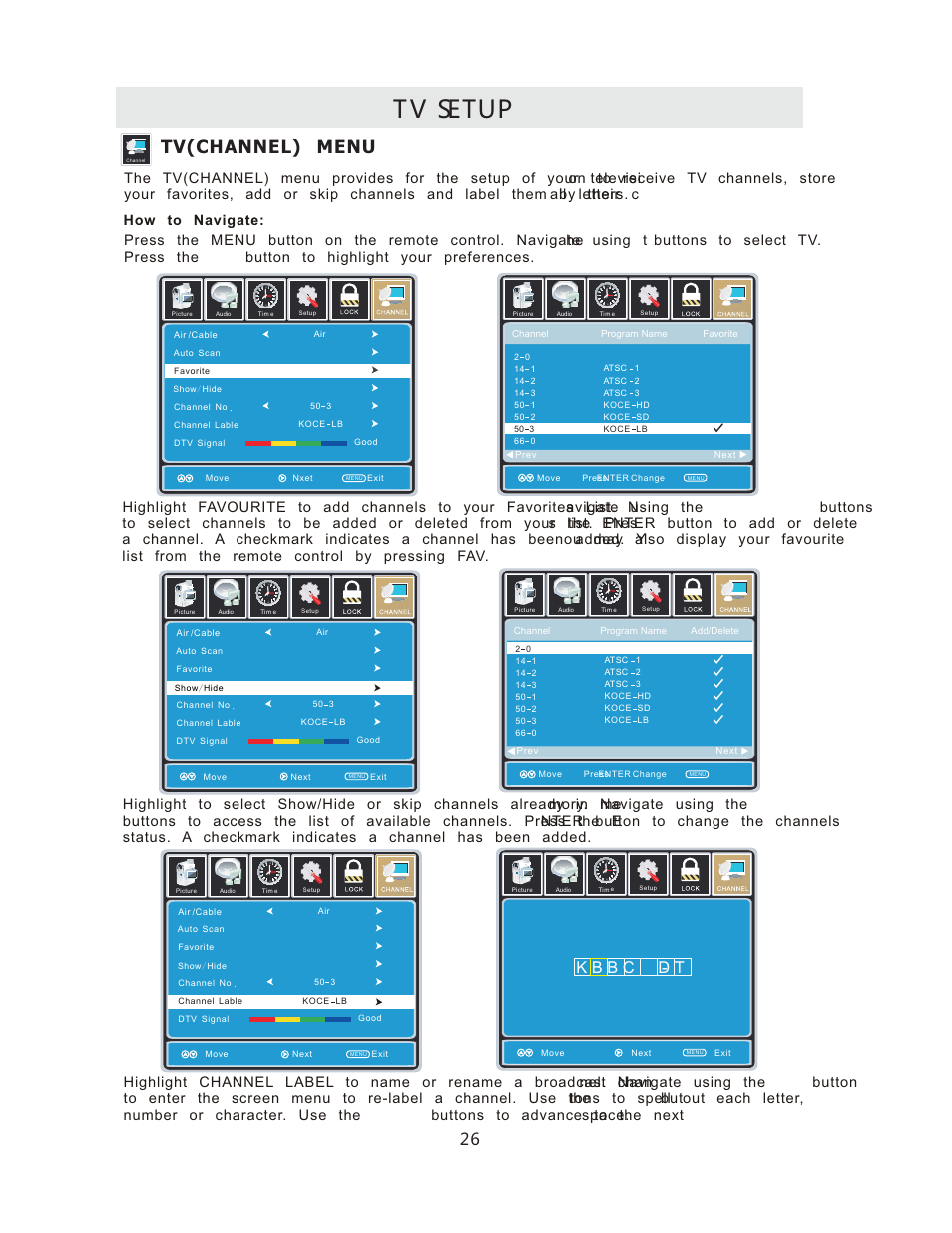 Tv setup, Tv(channel) menu | Curtis RLCVD3223A User Manual | Page 29 / 45