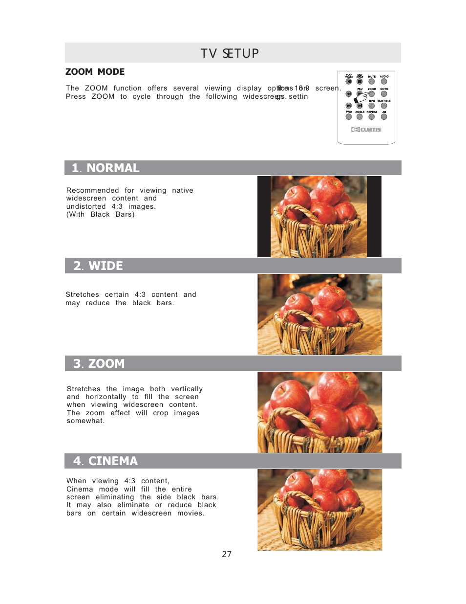 Tv setup, 1 normal . 2 wide . 3 zoom . 4 cinema | Curtis RLCVD3223A User Manual | Page 30 / 45
