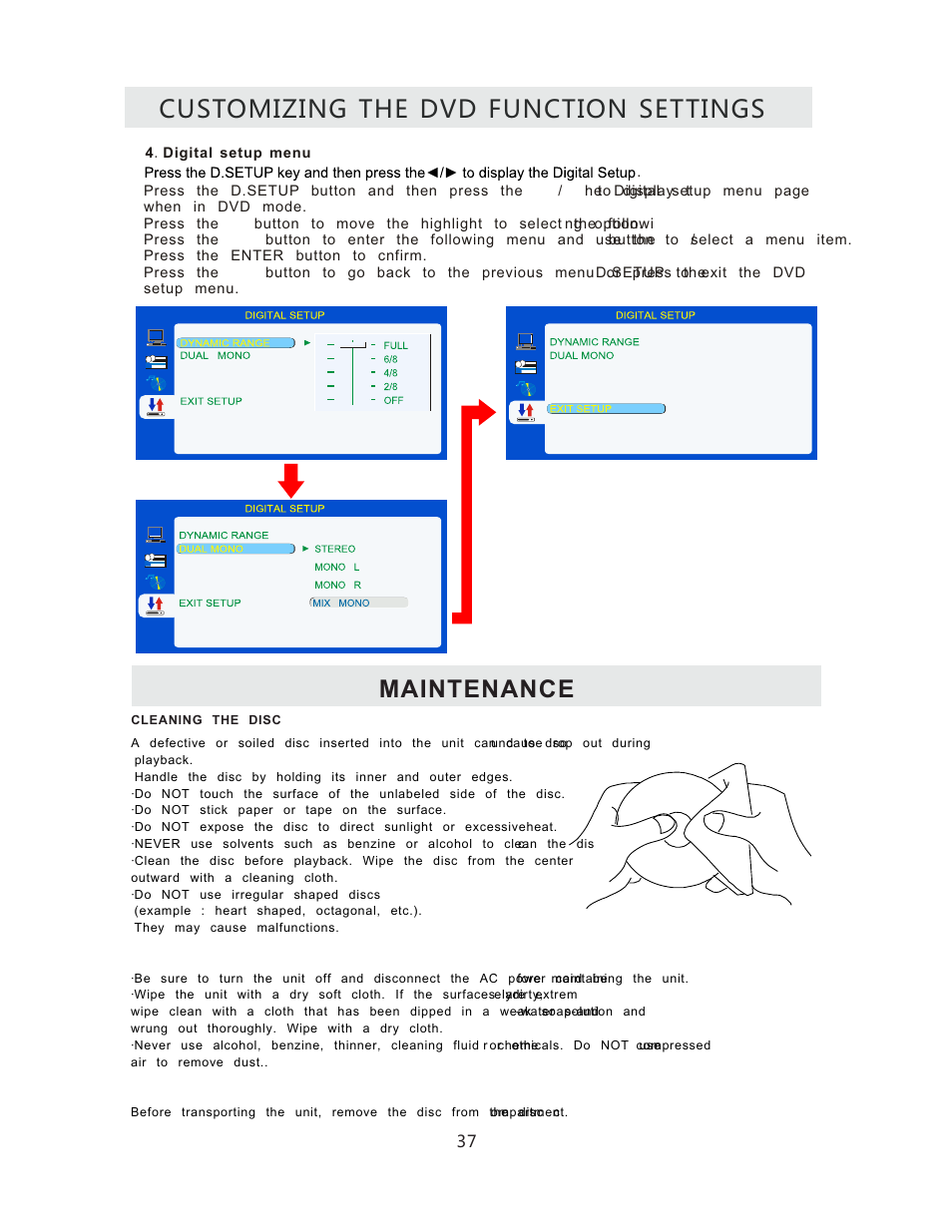 Customizing the dvd function settings, Maintenance | Curtis RLCVD3223A User Manual | Page 40 / 45