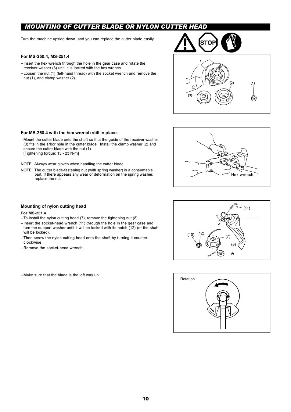 Mounting of cutter blade or nylon cutter head | Dolmar MS-250.4 User Manual | Page 11 / 76
