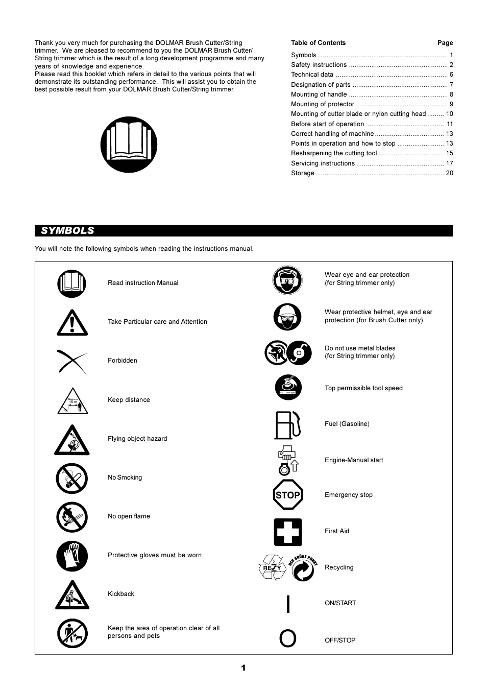 Symbols | Dolmar MS-250.4 User Manual | Page 2 / 76