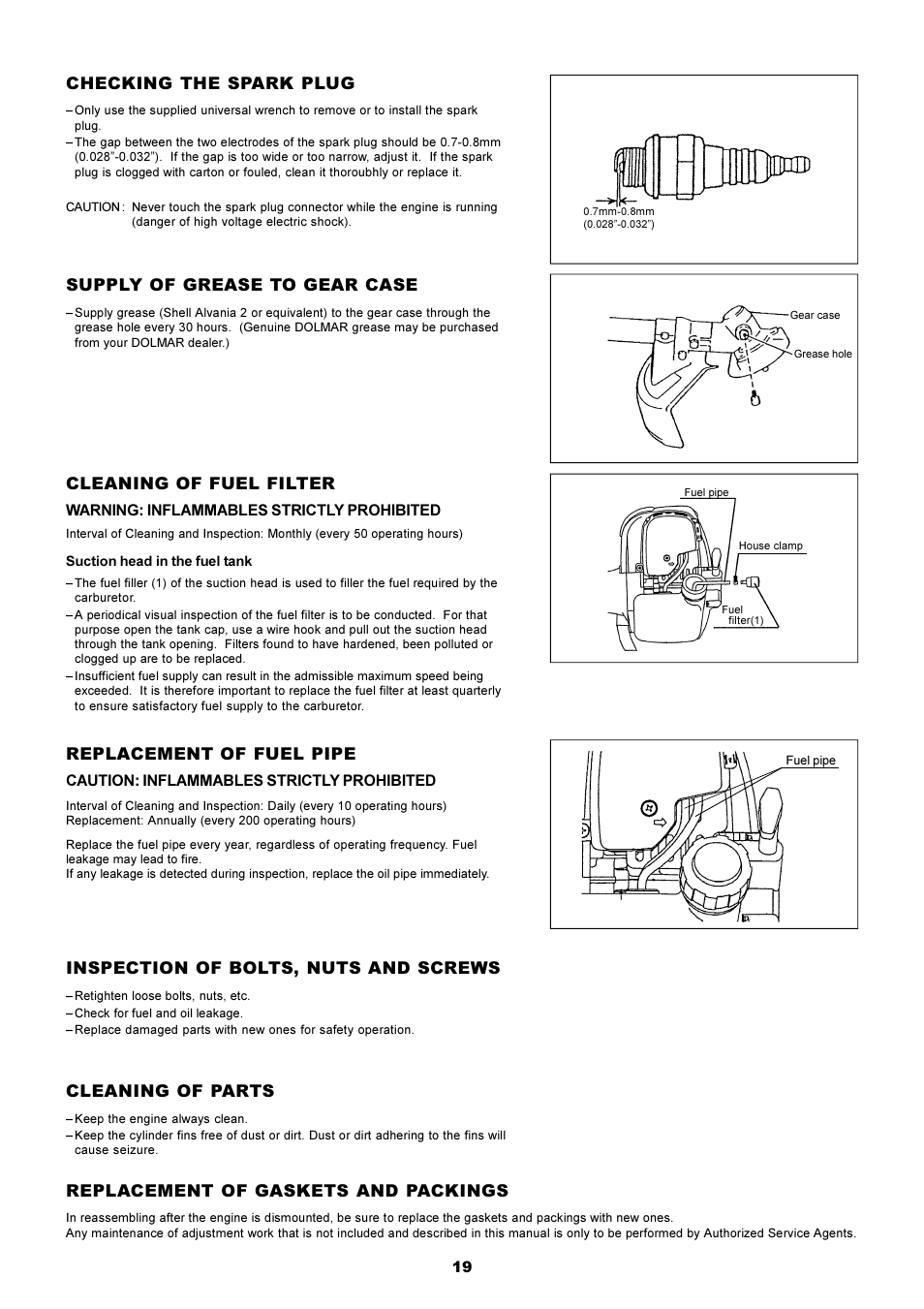 Cleaning of fuel filter, Replacement of fuel pipe, Inspection of bolts, nuts and screws | Cleaning of parts, Checking the spark plug, Supply of grease to gear case, Replacement of gaskets and packings | Dolmar MS-250.4 User Manual | Page 20 / 76