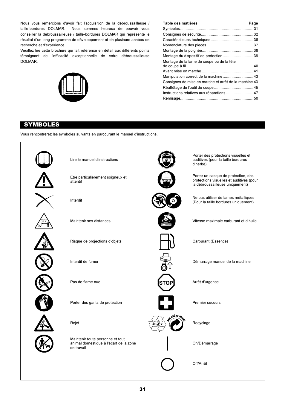 Symboles | Dolmar MS-250.4 User Manual | Page 32 / 76