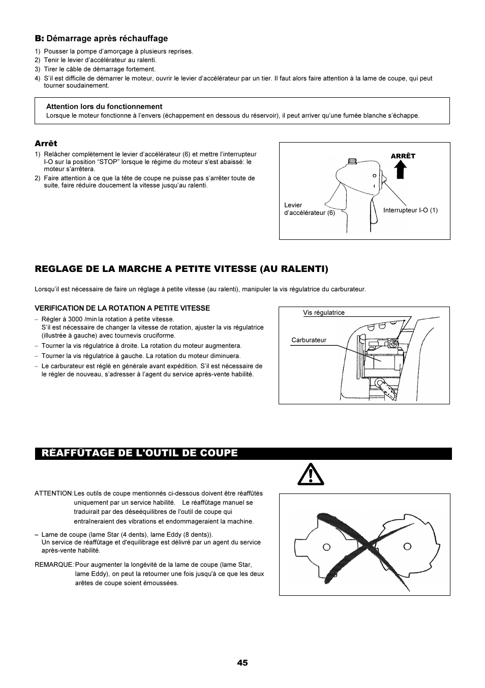 Réaffûtage de l'outil de coupe, Reglage de la marche a petite vitesse (au ralenti) | Dolmar MS-250.4 User Manual | Page 46 / 76