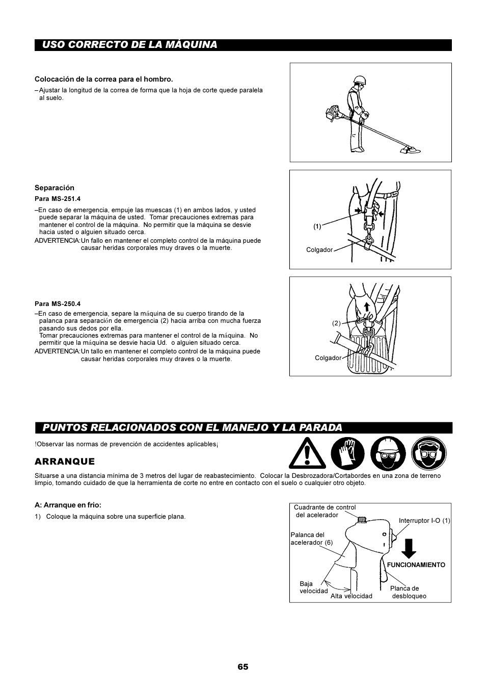 Uso correcto de la máquina, Puntos relacionados con el manejo y la parada, Arranque | Dolmar MS-250.4 User Manual | Page 66 / 76