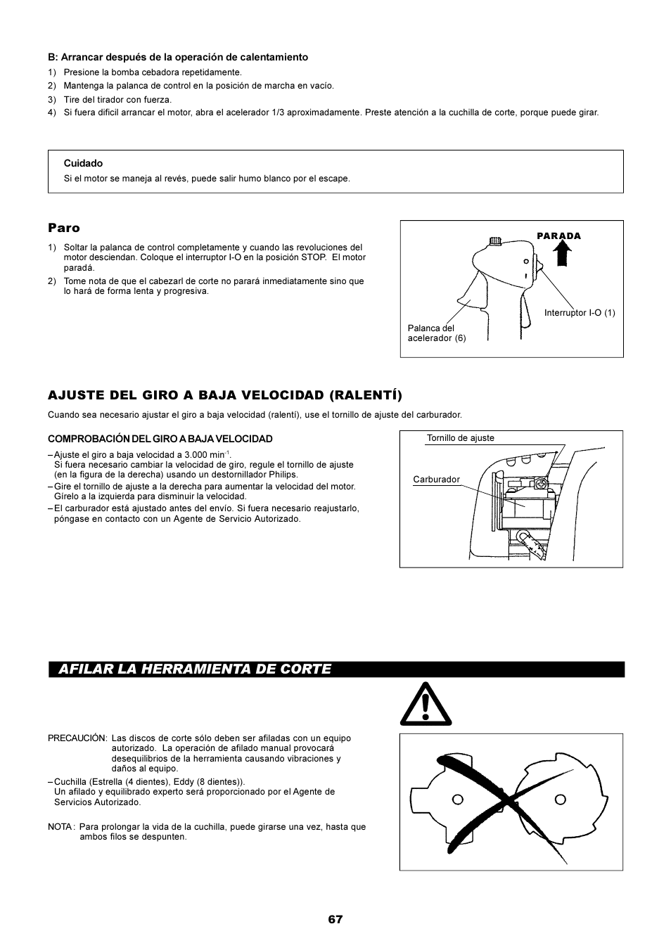 Afilar la herramienta de corte, Paro, Ajuste del giro a baja velocidad (ralentí) | Dolmar MS-250.4 User Manual | Page 68 / 76