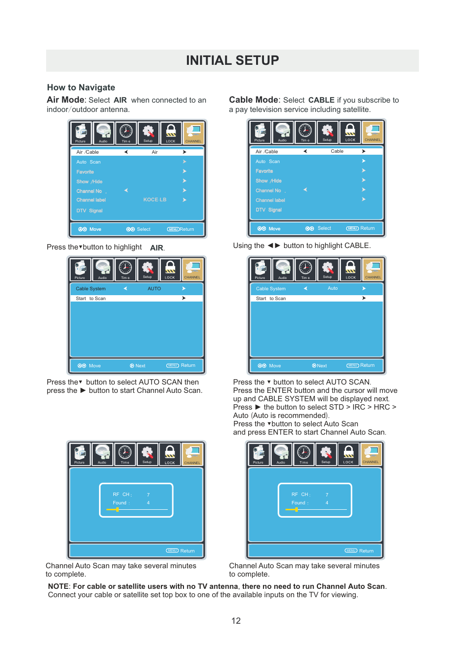 页 15, Initial setup, Air mode | Cable mode, How to navigate | Curtis PLDED5066A-B User Manual | Page 15 / 32