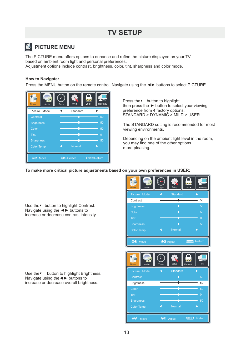 页 16, Tv setup, Picture menu | Curtis PLDED5066A-B User Manual | Page 16 / 32