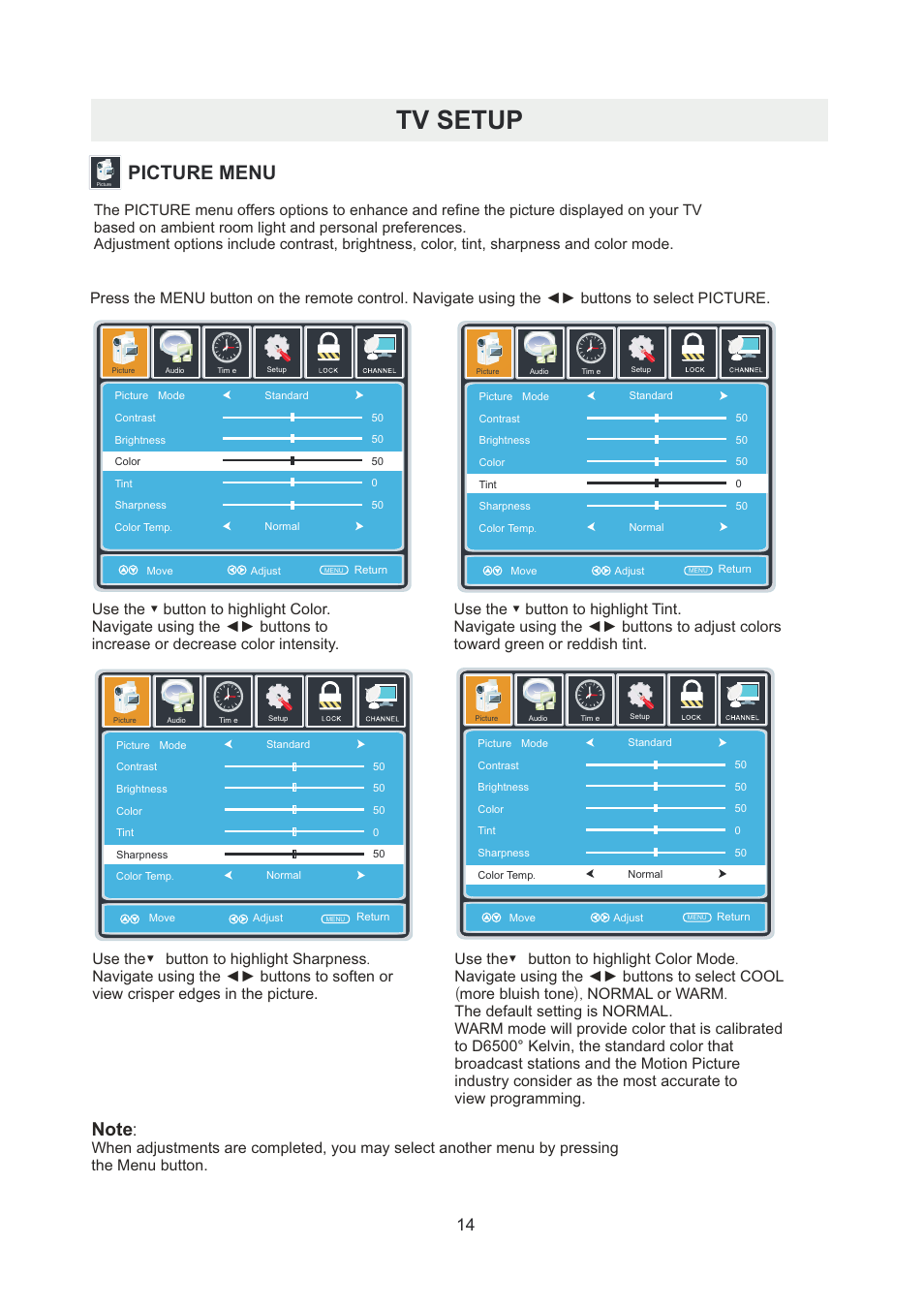 页 17, Tv setup, Picture menu | Curtis PLDED5066A-B User Manual | Page 17 / 32