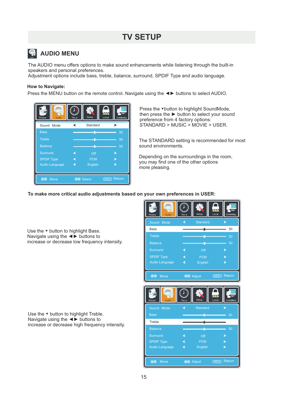 页 18, Tv setup, Audio menu | Curtis PLDED5066A-B User Manual | Page 18 / 32