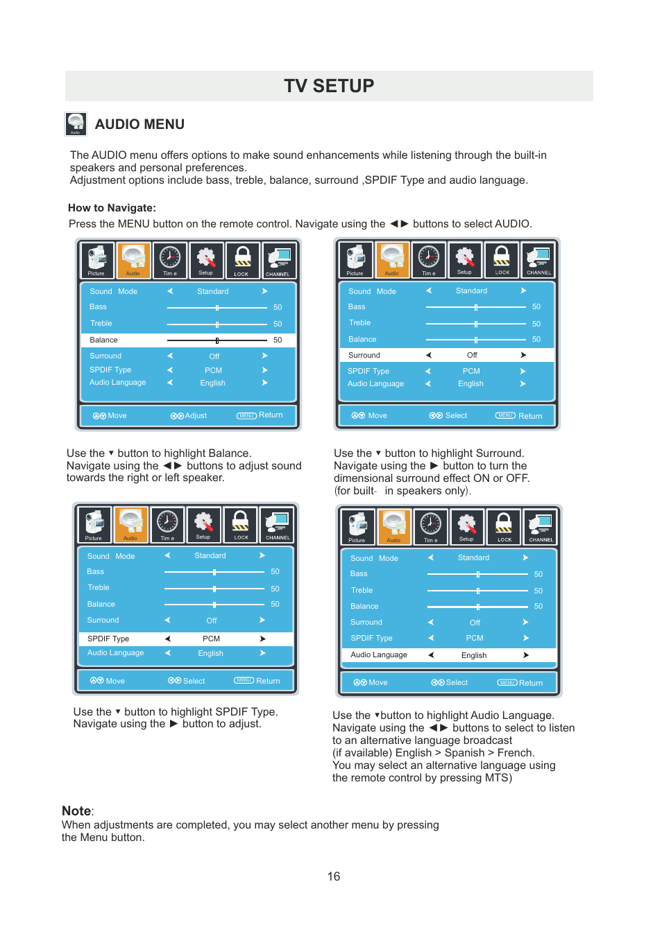 页 19, Tv setup, Audio menu | Curtis PLDED5066A-B User Manual | Page 19 / 32