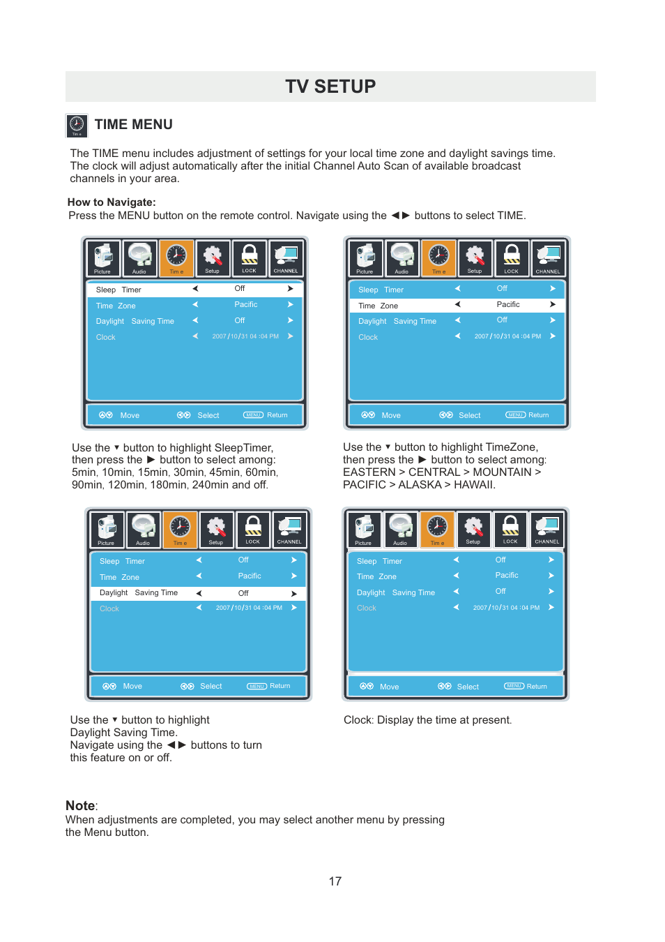 页 20, Tv setup, Time menu | Curtis PLDED5066A-B User Manual | Page 20 / 32