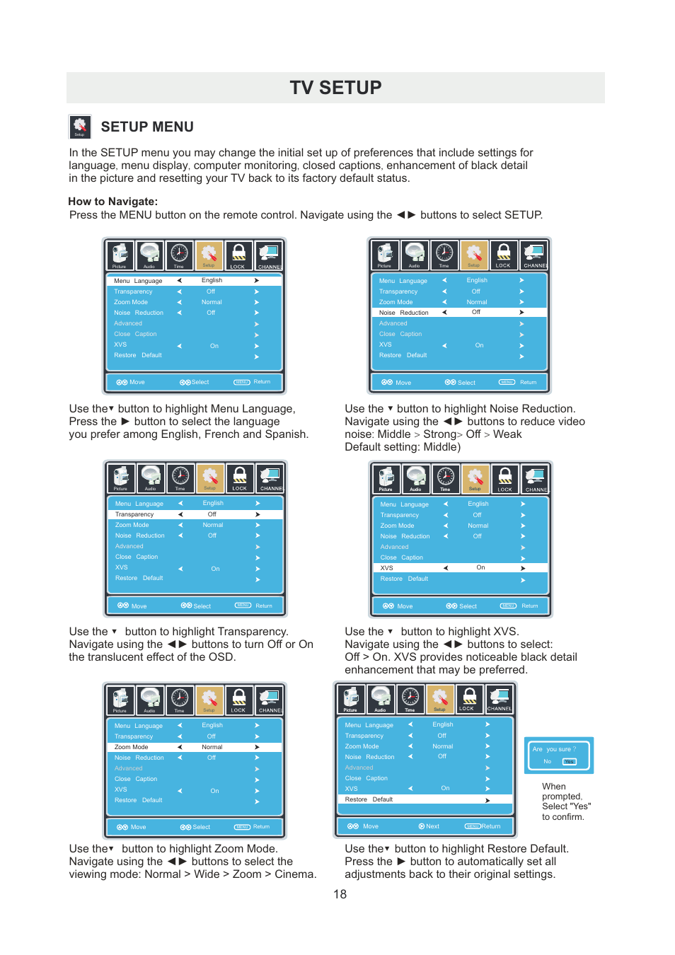 页 21, Tv setup, Setup menu | Use the button to highlight zoom mode, When prompted, select "yes" to confirm | Curtis PLDED5066A-B User Manual | Page 21 / 32