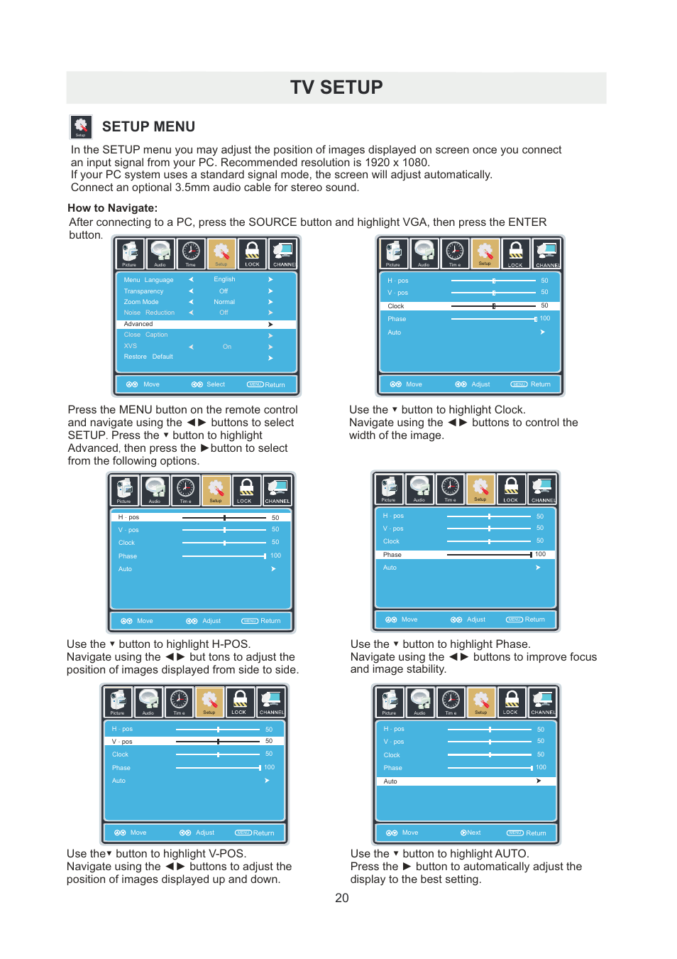 页 23, Tv setup, Setup menu | How to navigate | Curtis PLDED5066A-B User Manual | Page 23 / 32