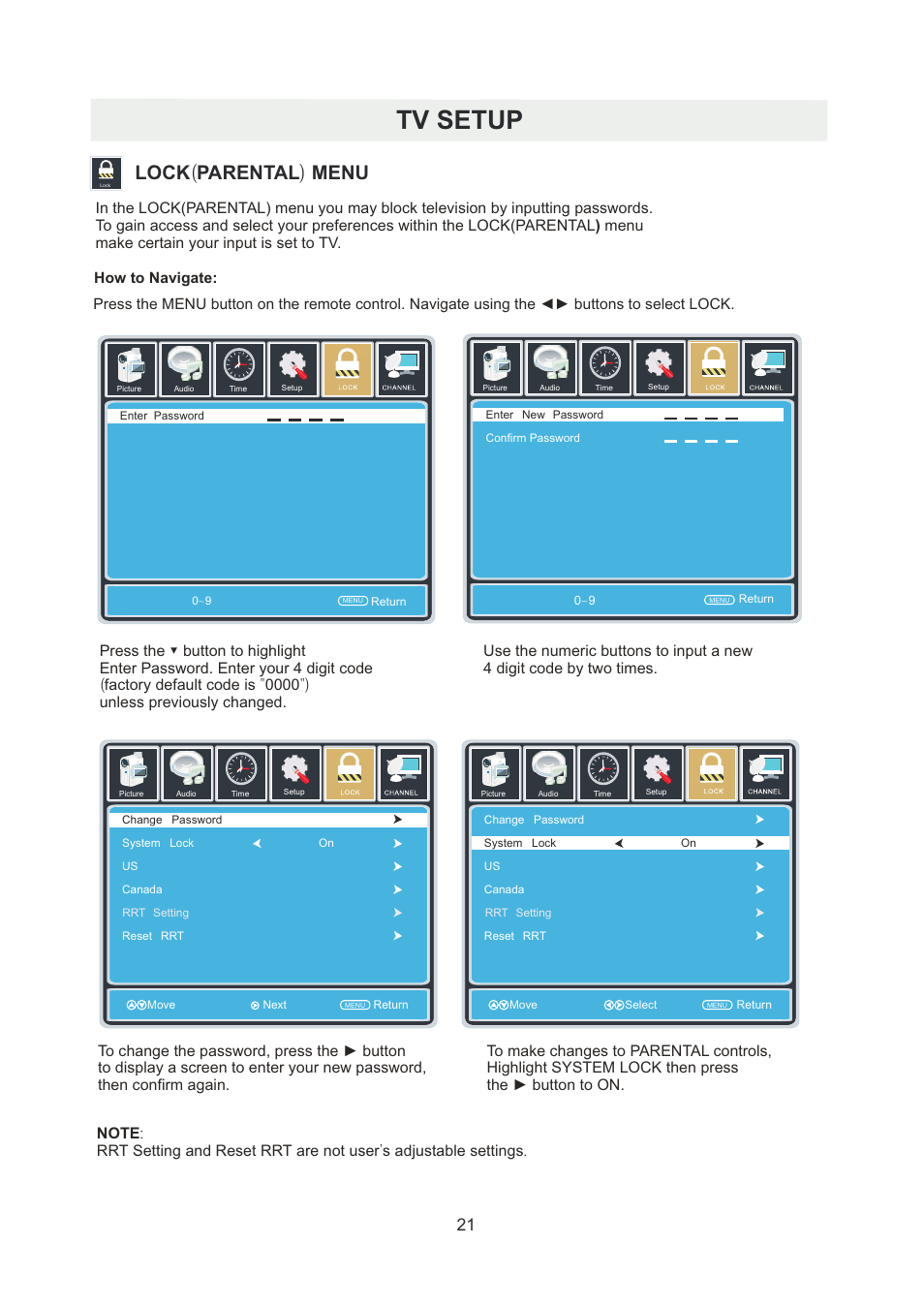 页 24, Tv setup, Lock ( parental ) menu | Curtis PLDED5066A-B User Manual | Page 24 / 32
