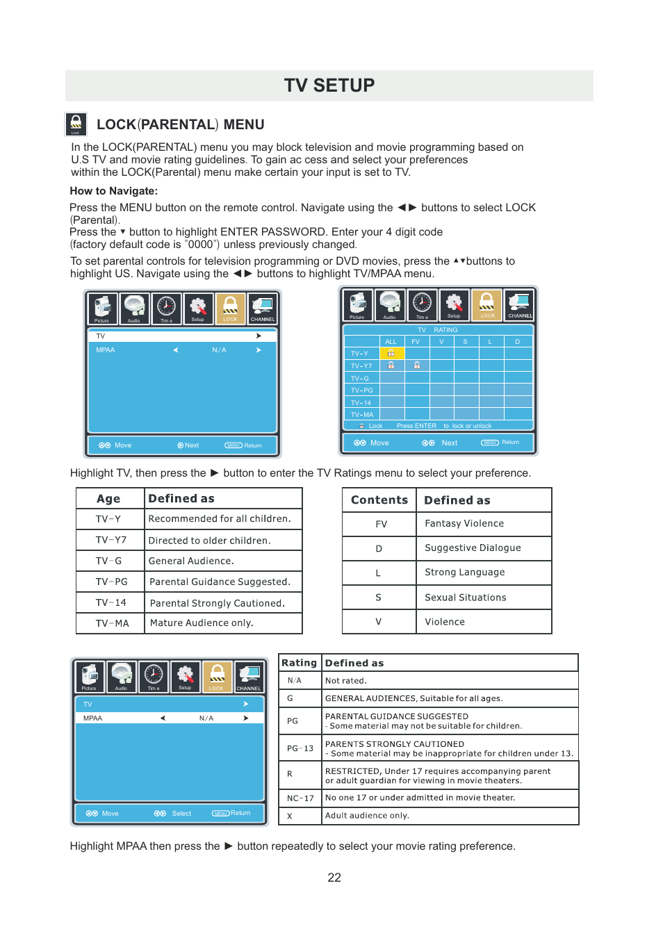 页 25, Tv setup, Lock ( parental ) menu | How to navigate | Curtis PLDED5066A-B User Manual | Page 25 / 32