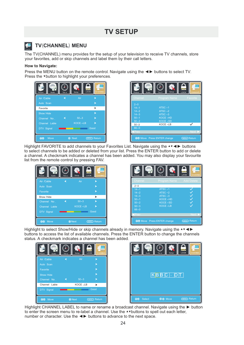 页 27, Tv setup, Tv ( channel ) menu | How to navigate | Curtis PLDED5066A-B User Manual | Page 27 / 32