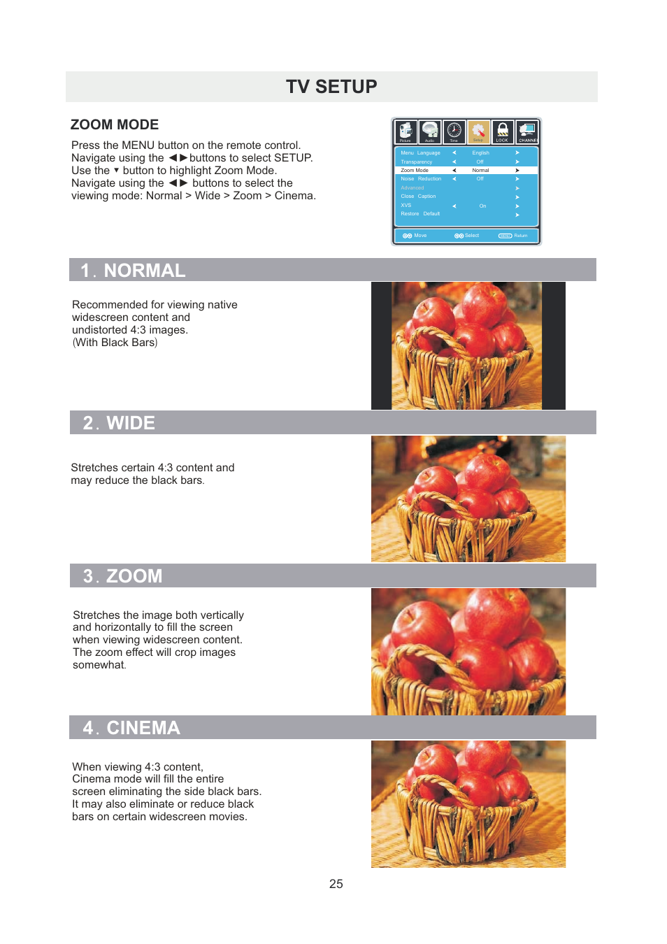 页 28, Tv setup, 1 normal . 2 wide . 3 zoom . 4 cinema | Zoom mode | Curtis PLDED5066A-B User Manual | Page 28 / 32