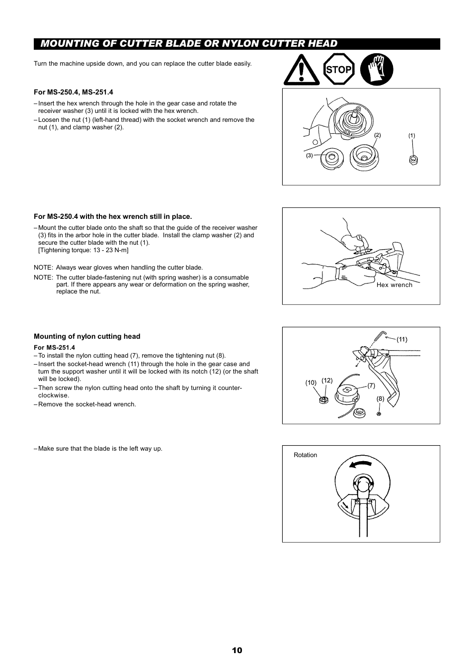 Mounting of cutter blade or nylon cutter head | Dolmar MS-251.4 User Manual | Page 11 / 76