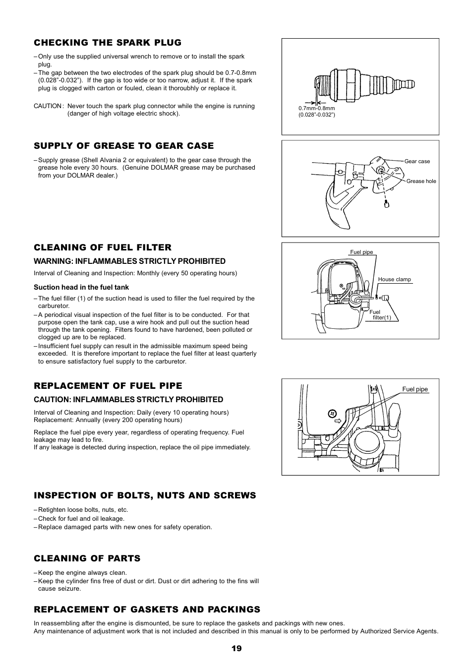 Cleaning of fuel filter, Replacement of fuel pipe, Inspection of bolts, nuts and screws | Cleaning of parts, Checking the spark plug, Supply of grease to gear case, Replacement of gaskets and packings | Dolmar MS-251.4 User Manual | Page 20 / 76