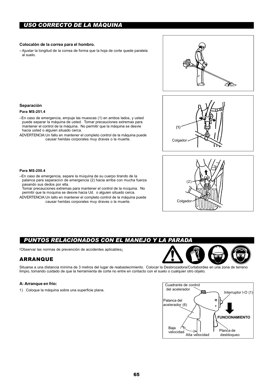 Uso correcto de la máquina, Puntos relacionados con el manejo y la parada, Arranque | Dolmar MS-251.4 User Manual | Page 66 / 76