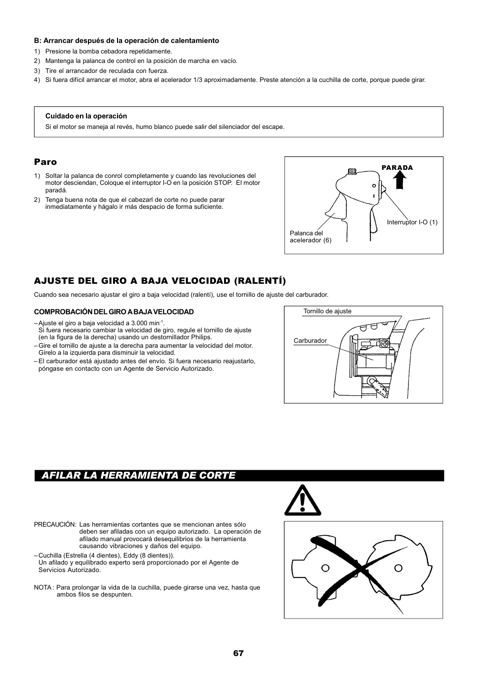 Afilar la herramienta de corte, Paro, Ajuste del giro a baja velocidad (ralentí) | Dolmar MS-251.4 User Manual | Page 68 / 76