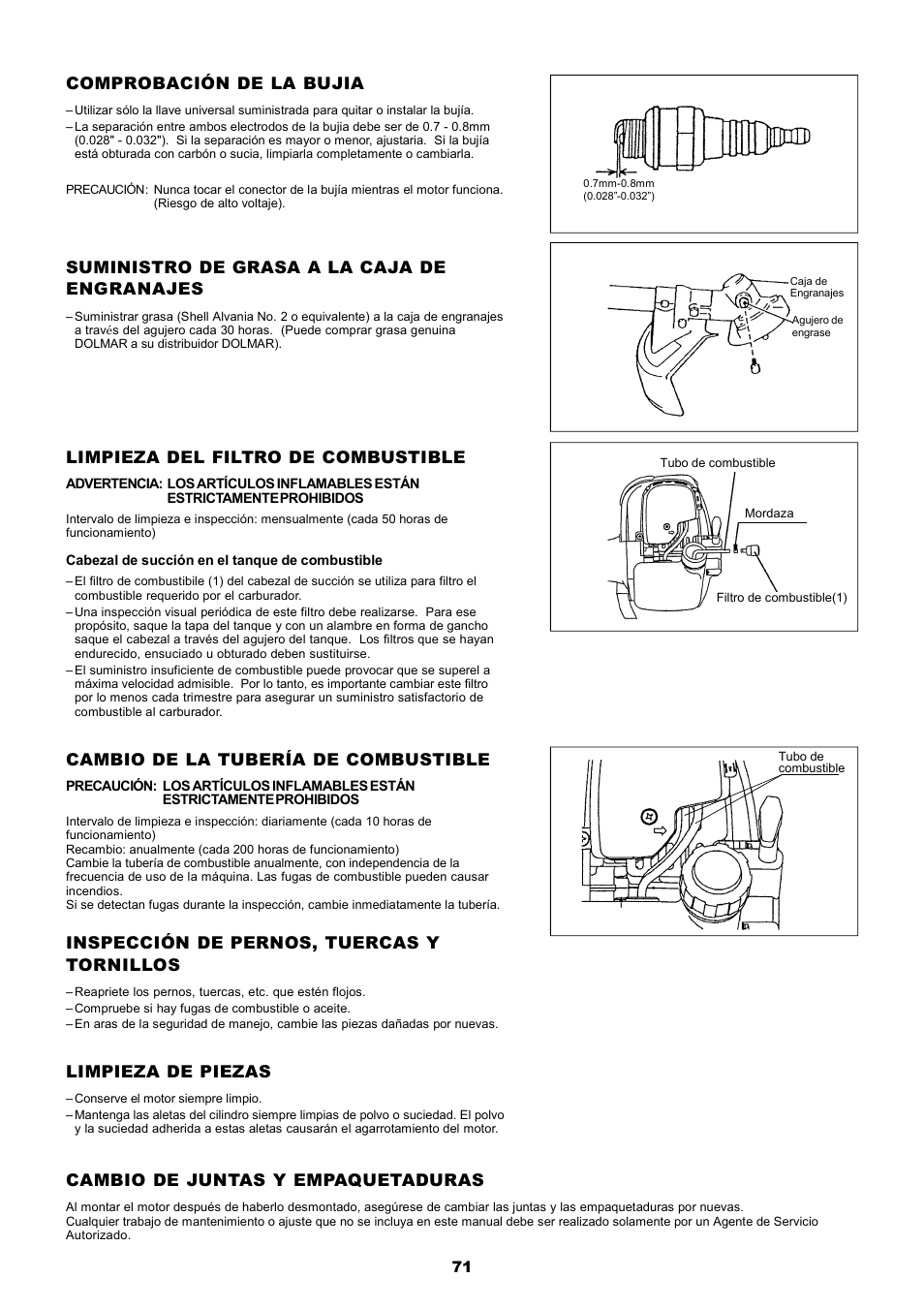 Limpieza del filtro de combustible, Cambio de la tubería de combustible, Inspección de pernos, tuercas y tornillos | Limpieza de piezas, Comprobación de la bujia, Suministro de grasa a la caja de engranajes, Cambio de juntas y empaquetaduras | Dolmar MS-251.4 User Manual | Page 72 / 76