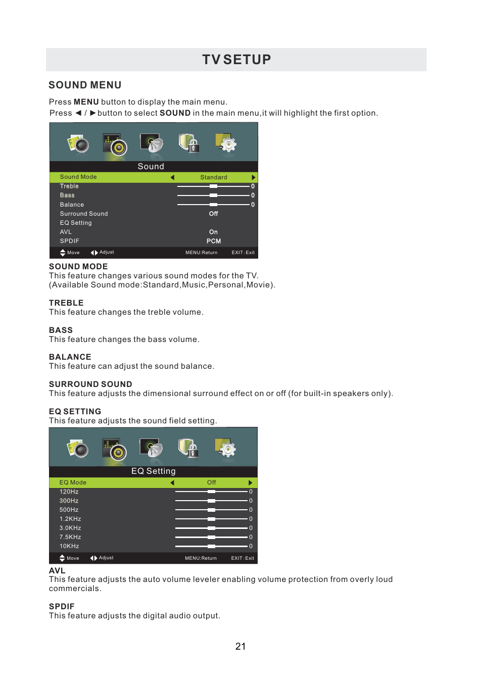 Tv setup, Sound menu | Curtis PLDEDV3292-UK-B User Manual | Page 24 / 44