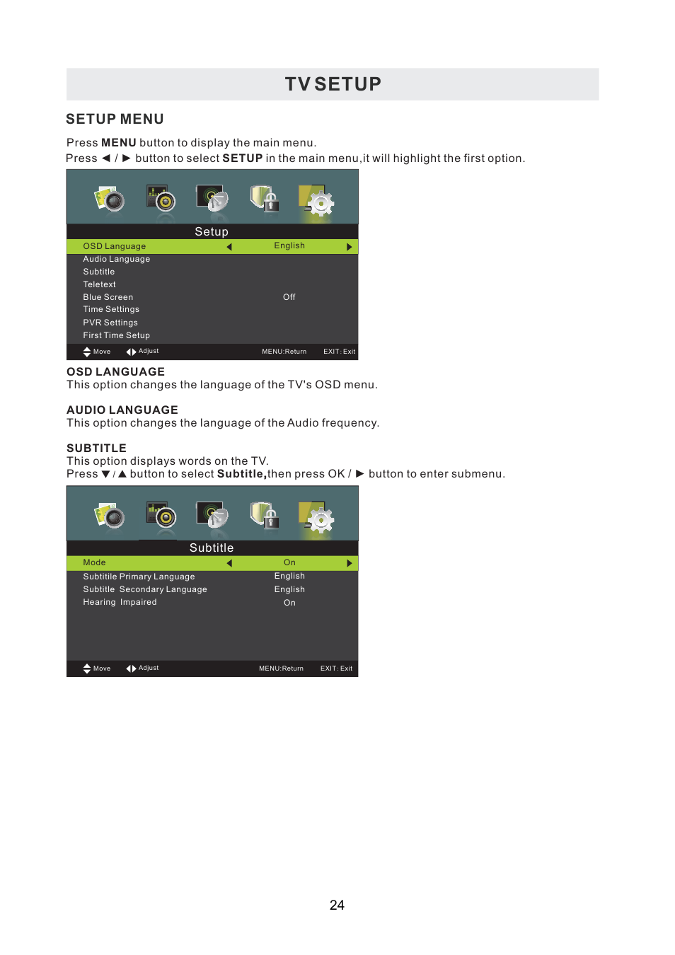 Tv setup, Setup menu, Subtitle | Curtis PLDEDV3292-UK-B User Manual | Page 27 / 44