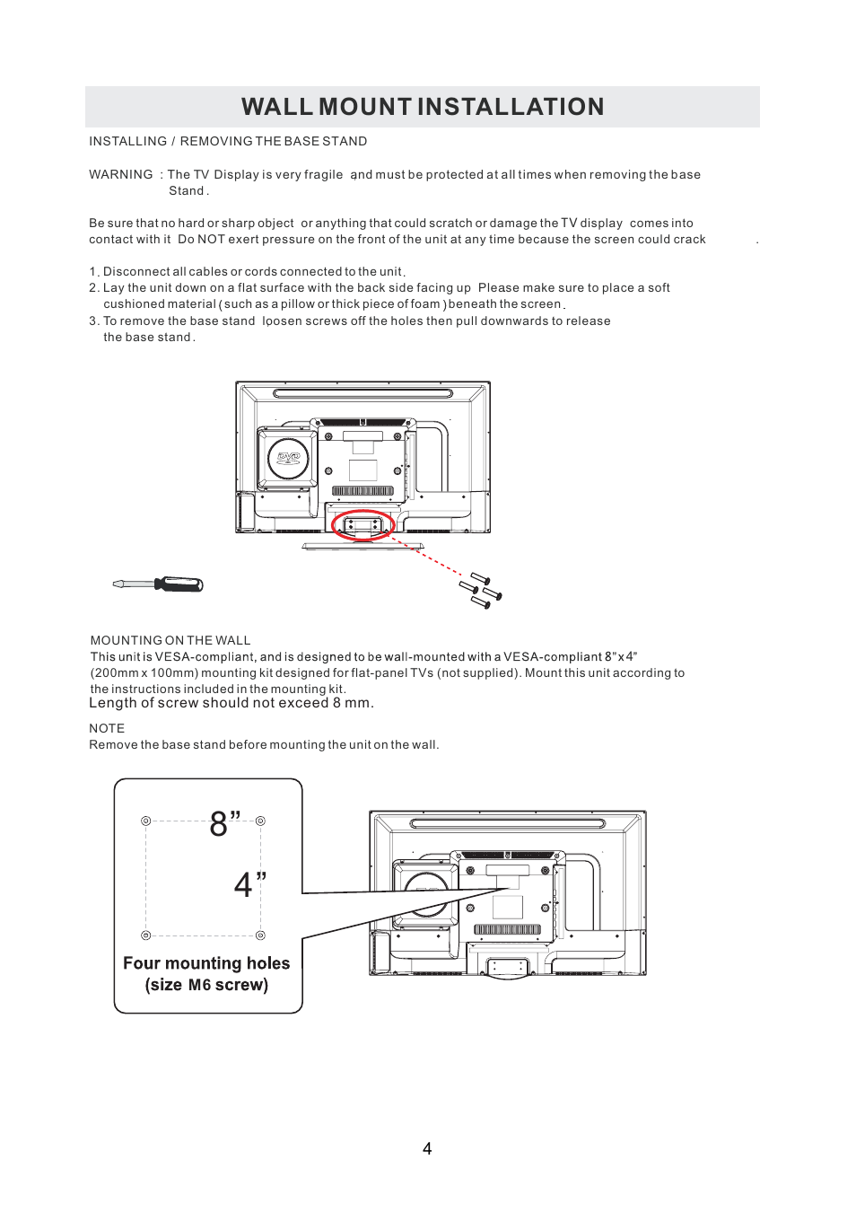 Wall mount installation | Curtis PLDEDV3292-UK-B User Manual | Page 7 / 44