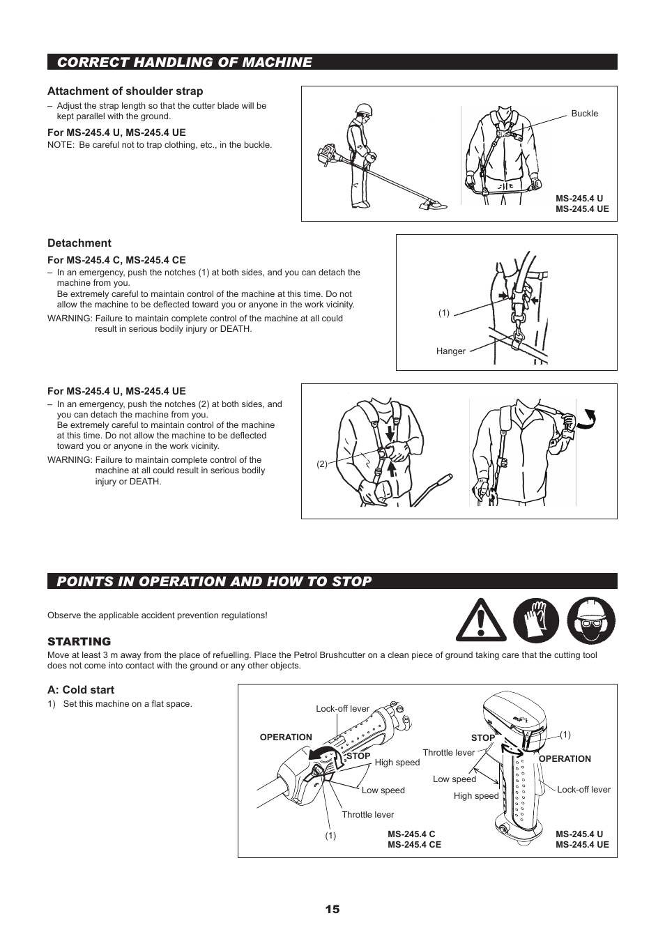 Correct handling of machine, Points in operation and how to stop | Dolmar MS-245.4 C User Manual | Page 15 / 80