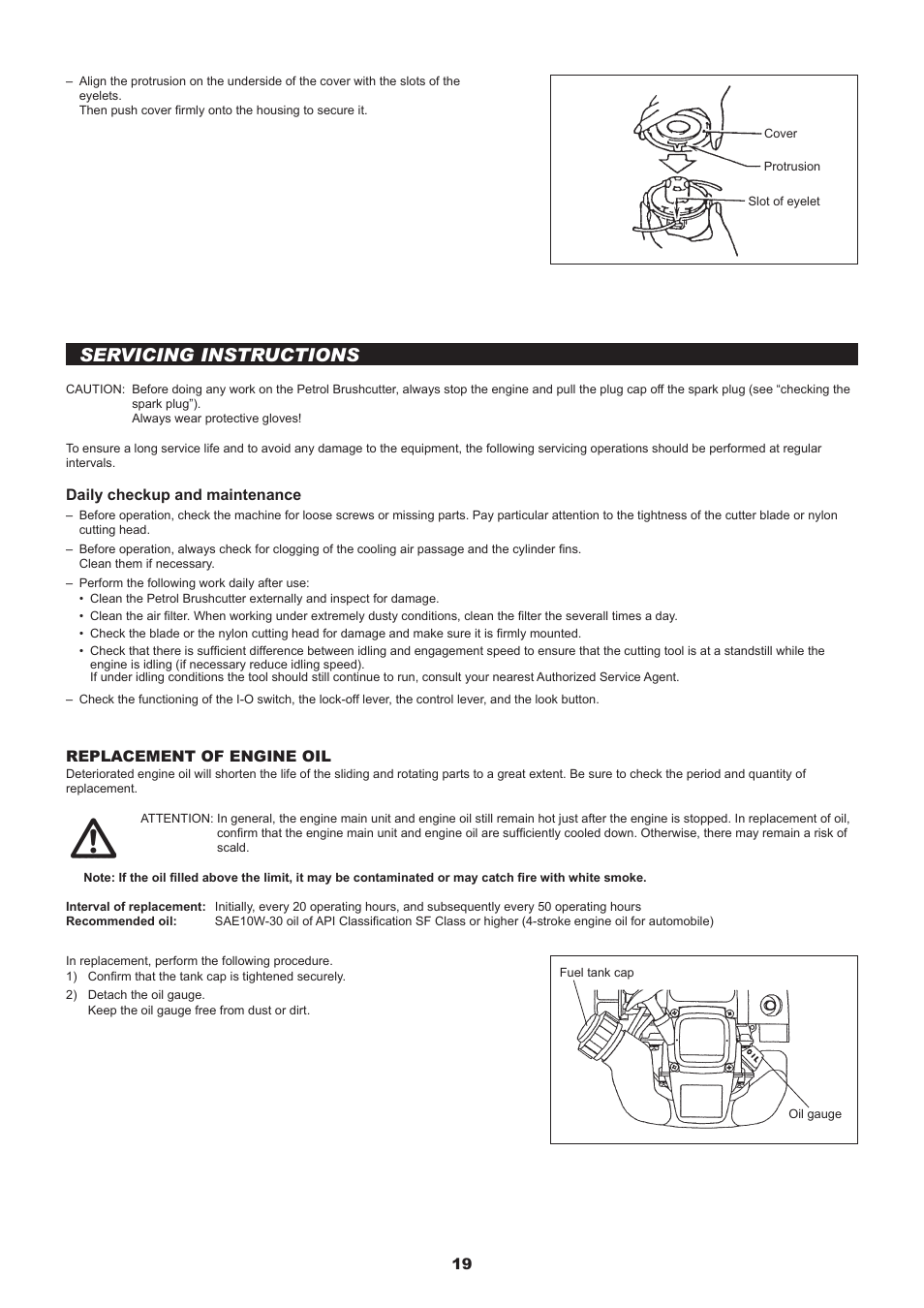 Servicing instructions, 1 replacement of engine oil, Daily checkup and maintenance | Dolmar MS-245.4 C User Manual | Page 19 / 80