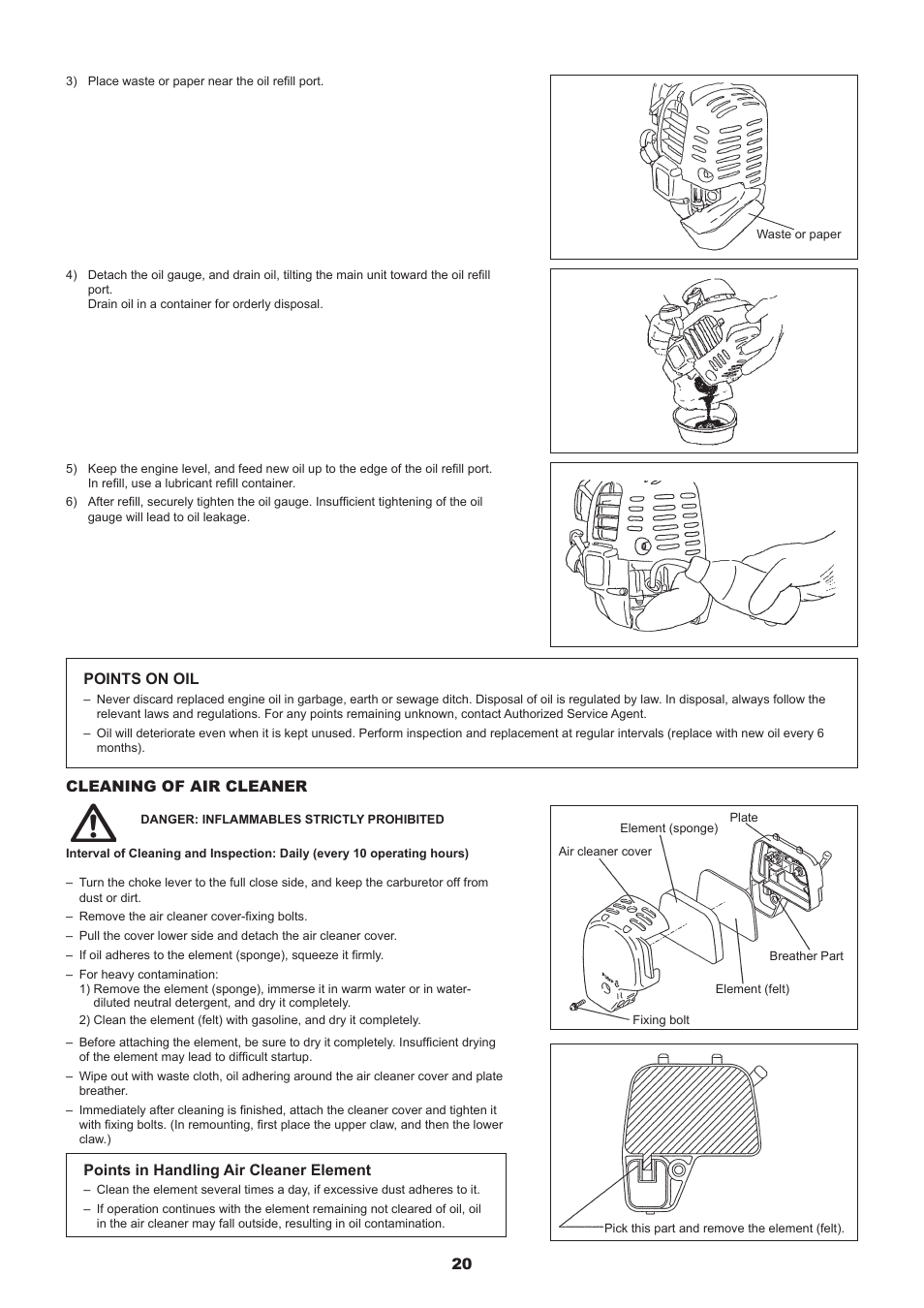 20 cleaning of air cleaner, Points on oil, Points in handling air cleaner element | Dolmar MS-245.4 C User Manual | Page 20 / 80