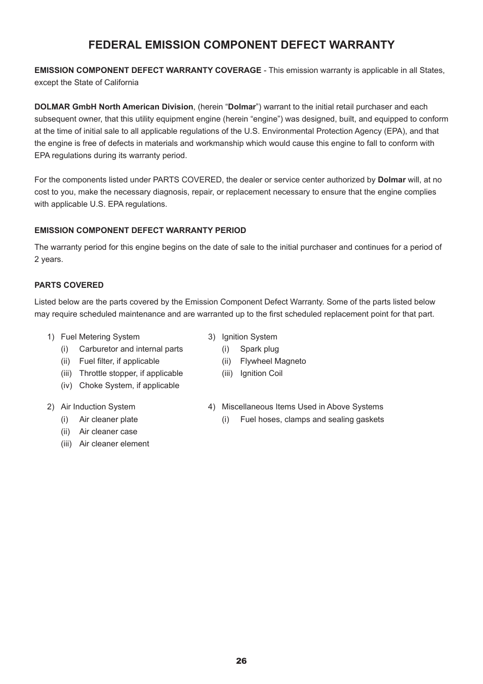 Federal emission component defect warranty | Dolmar MS-245.4 C User Manual | Page 26 / 80