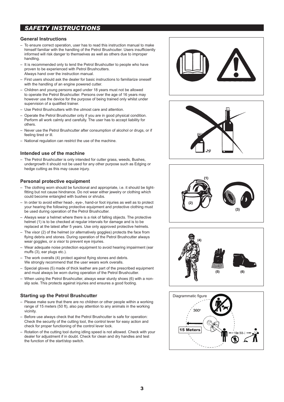 Safety instructions, General instructions, Intended use of the machine | Personal protective equipment, Starting up the petrol brushcutter | Dolmar MS-245.4 C User Manual | Page 3 / 80