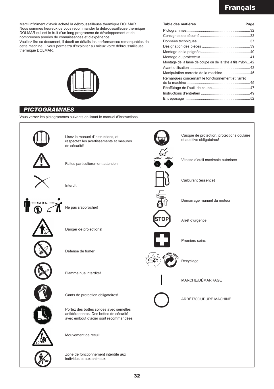Français, Pictogrammes | Dolmar MS-245.4 C User Manual | Page 32 / 80