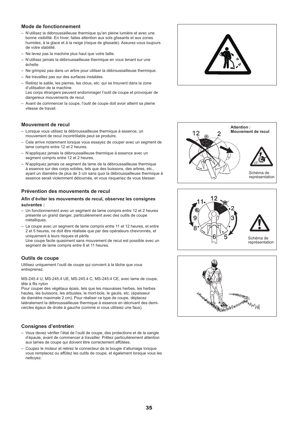 5 mode de fonctionnement, Mouvement de recul, Prévention des mouvements de recul | Consignes d’entretien, Outils de coupe | Dolmar MS-245.4 C User Manual | Page 35 / 80