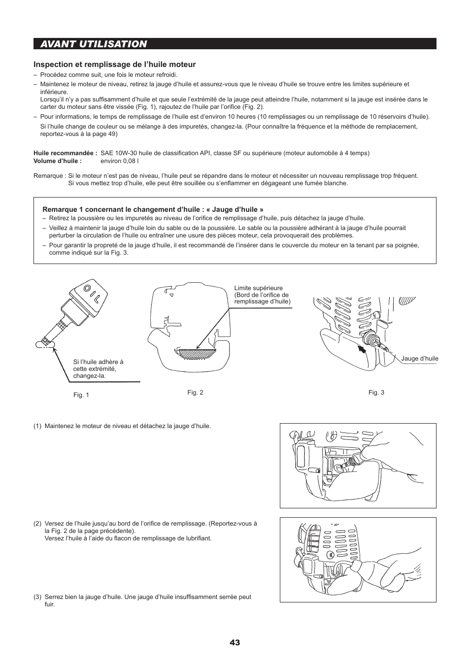 Avant utilisation, 4 inspection et remplissage de l’huile moteur | Dolmar MS-245.4 C User Manual | Page 43 / 80