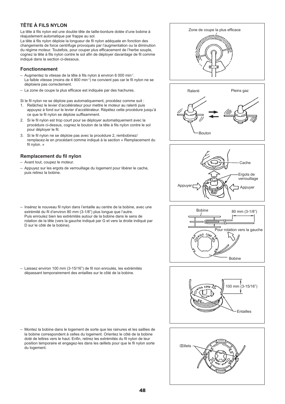 4 tête à fils nylon, Fonctionnement, Remplacement du fil nylon | Dolmar MS-245.4 C User Manual | Page 48 / 80