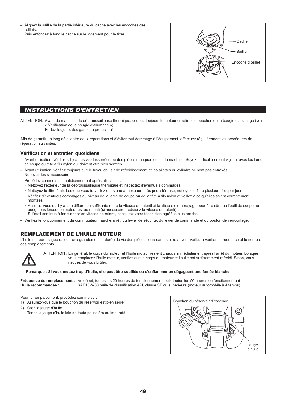 Instructions d’entretien, 4 remplacement de l’huile moteur, Vérification et entretien quotidiens | Dolmar MS-245.4 C User Manual | Page 49 / 80