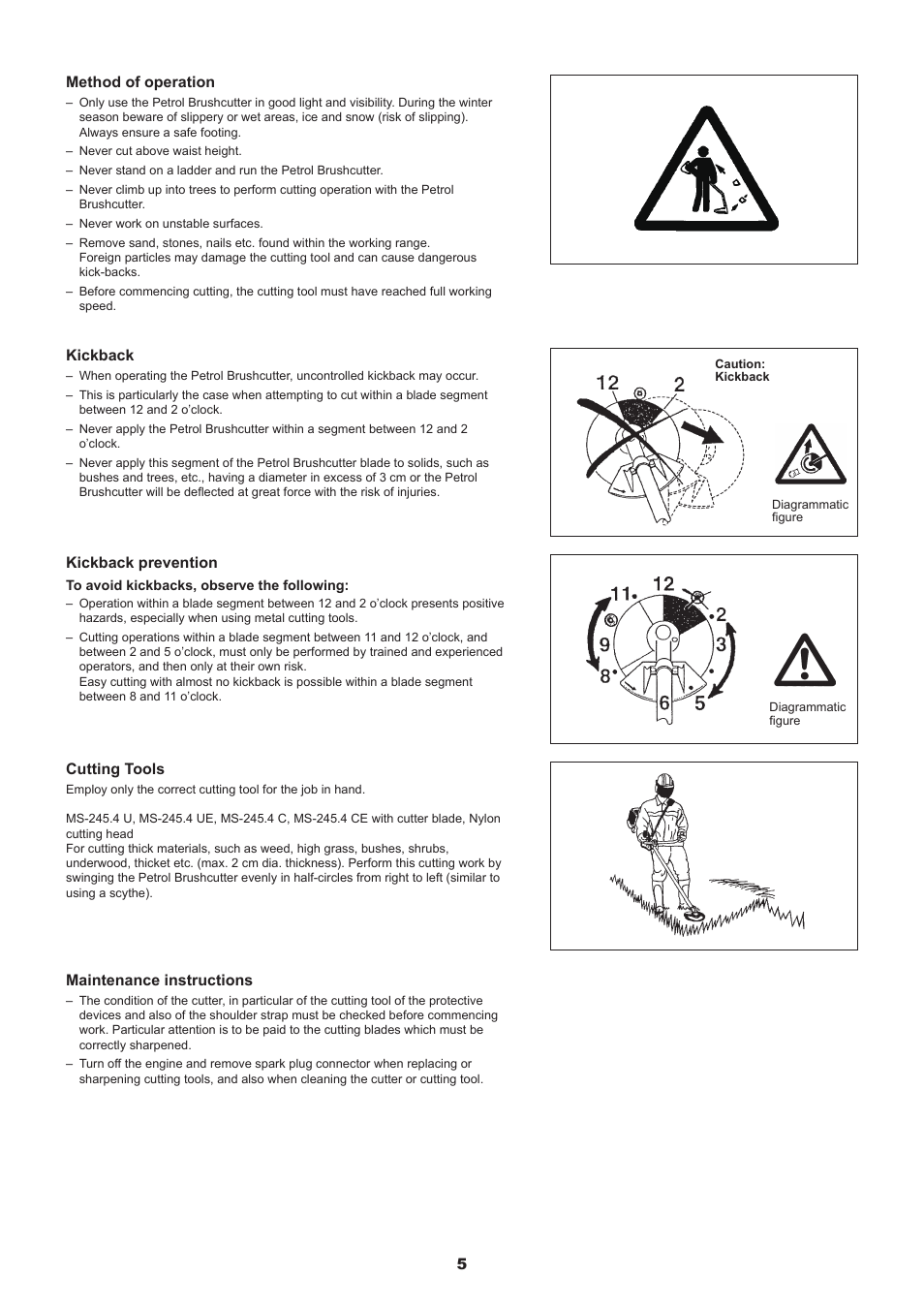 5method of operation, Kickback, Kickback prevention | Maintenance instructions, Cutting tools | Dolmar MS-245.4 C User Manual | Page 5 / 80